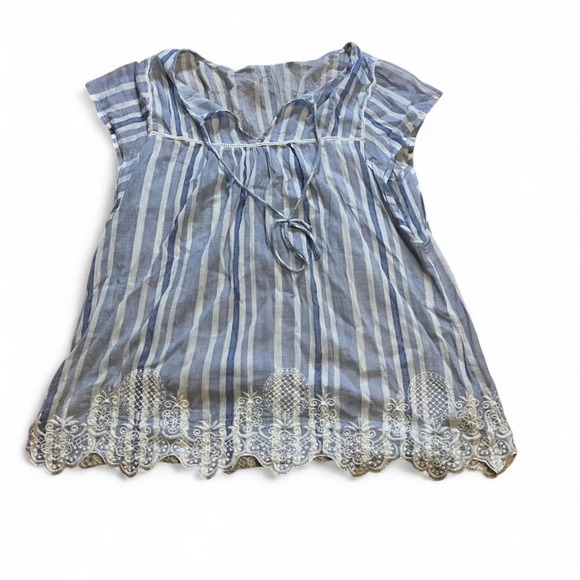 Vanessa Virginia nautical coastal preppy stripe blouse flowy scallop - Picture 1 of 2